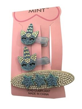 MINT  Light Blue Crystal Unicorn & Star Hair Clip Set